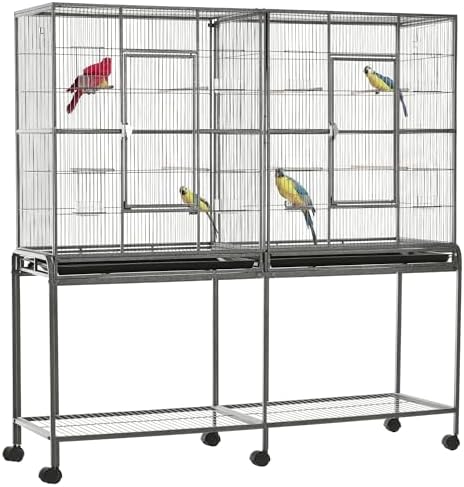 Bird Cage with Multiple Perches and Feeders – Which One Stands Out? 4 PawHut 65" Double Rolling Metal Bird Cage Feeder with Detachable Rolling Stand, Storage Shelf, Wood Perch & Food Container