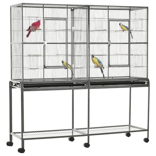 PawHut 65' Double Rolling Metal Bird Cage with Divider, Large Parrot Cage for Parakeet, Canaries, Lovebirds, Budgie, Finch, with Detachable Rolling Stand, Storage Shelf, Wood Perch & Food Container