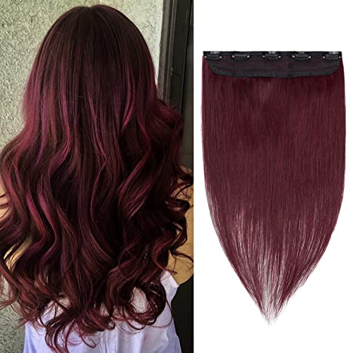 Image of Benehair Burgundy One Piece Clip in Hair Extensions Human Hair Wine Red Clip ins 10inch 3 /4 Full Head Remy Long Straight Natural Soft 5 Clips