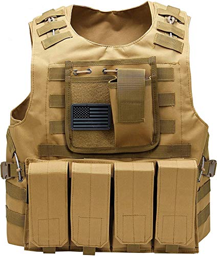 Redemption Tactical Airsoft Vest for Adults and Kids w/US Flag Patch and Pouches (brown, small-large)