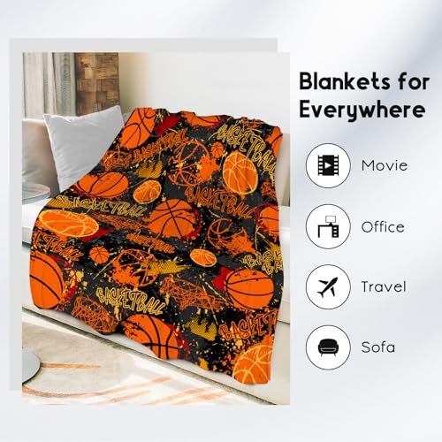 Basketball Blanket, Cozy Soft Throw Gifts for Boys, Cool Orange Flannel Throw Blankets for Couch Sofa, 40x50 Inches