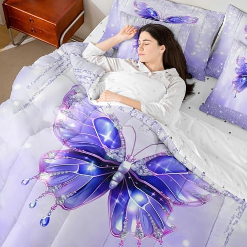 Image of Feelyou Butterfly Comforter Set Twin Size 7 Pieces Dreamy Princess Bedding Set for Kids Boys Girls Glitter Bed in a Bag with Comforter, Sheets, Pillowcases, Cushion Covers Watercolor Butterflies