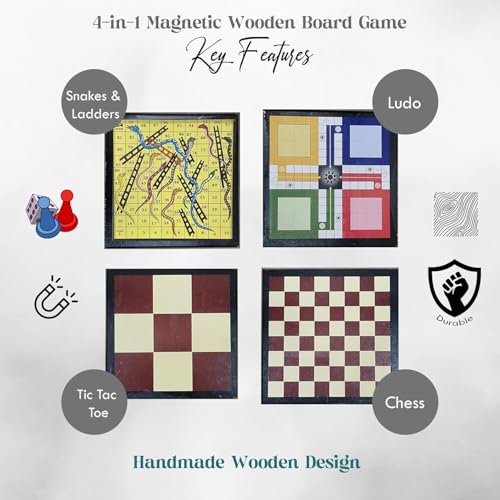 Image of 4-in-1 Foldable Magnetic Wooden Board Game - Ludo, Snakes & Ladders, Chess, Tic Tac Toe - Portable, Durable, Handmade, Design with Storage