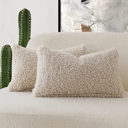 Image of Foindtower Set of 2 Curly Teddy Wool Faux Fur Pillow Covers Decorative Boucle Textured Lumbar Throw Pillow Accent Pillowcases Sheepskin Cushion Case for for Chair and Couch 12 inchx20 inch Neutral Cream