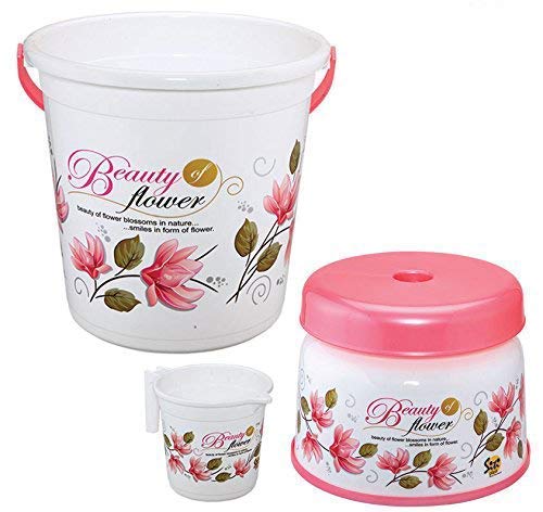 Hevea Siti Plast Flower Print Bathroom Bucket 20 Liters, Mug 1 Liters, Stool 9" Set of 3 (Pink) (B09V5FRMW5) Amazon Price History, Amazon Price Tracker