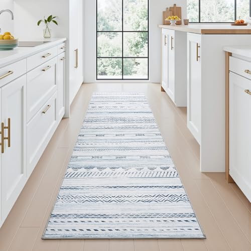 2x10 Runner Rug Machine Washable Non Slip Area Rug Distressed Neutral Moroccan Boho Rug Ultra Soft Floor Runners for Hallways for Entryway Laundry Room Kitchen, Blue