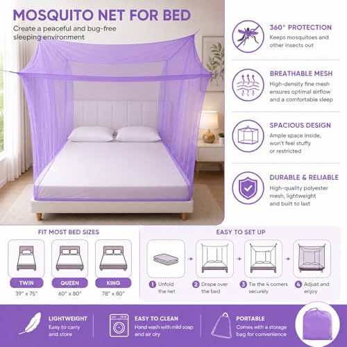 Image of BENAVJI Foldable Machardani Single Bed | Pure Cotton Mosquito net (Purple, 3.5FT X 6FT) | Strong, Breathable, Lightweight, Portable & Ideal for Daily Usage | Full Protection for Home & Travel