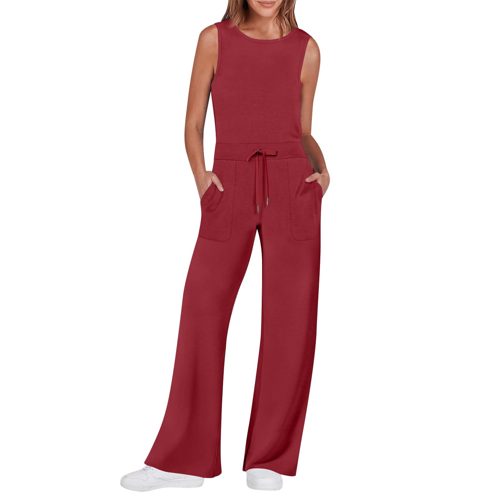 Jumpsuits for Women, Big Spring Deals Sleeveless Summer Rompers for Women 2024 Dressy Jumpsuits for Women Overalls Womens Tank Tops Palazzo Pants for Woemen Travel Outfits for Women(Ab-Deep Red,XS)