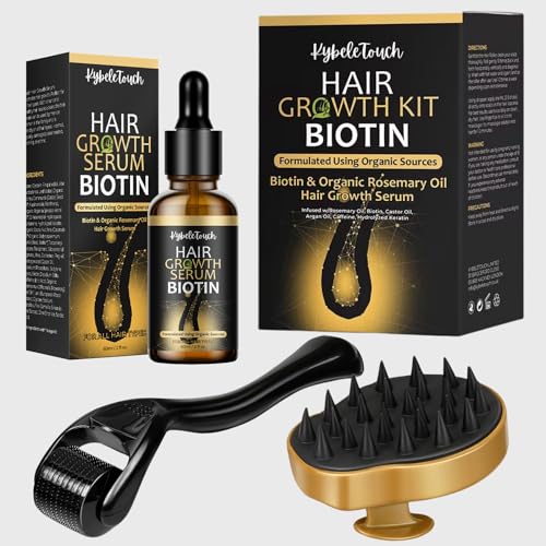 Hair Growth Serum 100% Natural Certified Organic Hair Growth Oil with Biotin,Caffeine,Castor,Argan Diluted Rosemary Oil for Hair Growth,Scalp Massager&Derma Roller,Hair Growth Products for Women Men