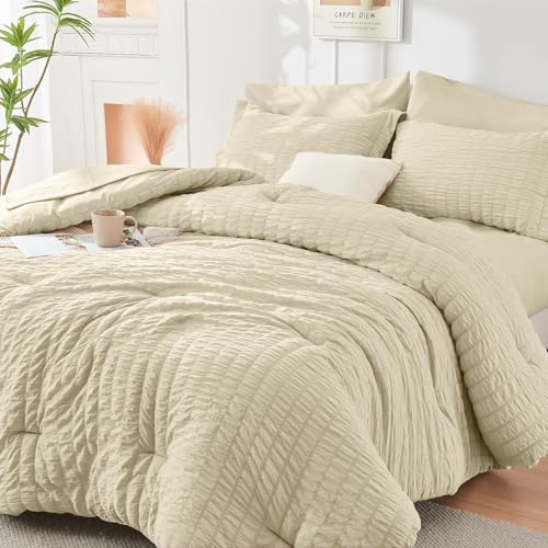 Image of HYMOKEGE Oatmeal Full Size Comforter Sets Seersucker 7 Pieces, All Season Luxury Bed in a Bag for Bedroom, Bedding Set with Comforter, Sheets, Pillowcases & Shams
