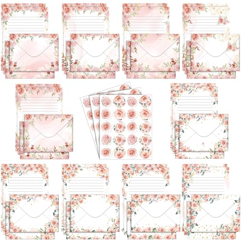 Image of TaoBary 160 Pcs Pink Floral Stationery Paper and Envelopes Set 50 Double Sided Lined Stationery Paper with 50 Matching Envelopes and 60 Round Dot Sticker 5.5 x 8.25'' Letter Writing Kit, 10design