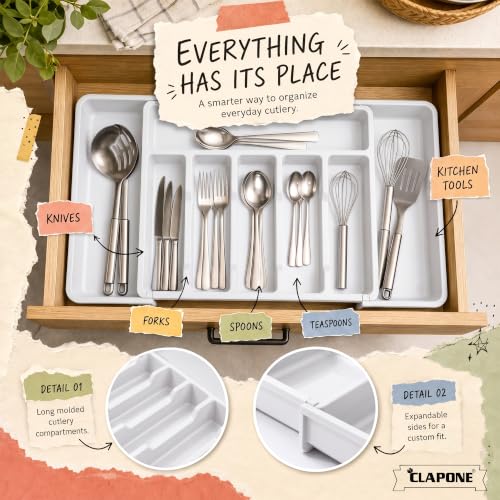 Image of CLAPONE Drawer Organizer Tray /Kitchen Expandable Utensil Tray /Adjustable Utensil Organizer /Cutlery Silverware Flatware Holder /Divider for Spoons Forks Knives Tableware (White, 2 Pieces)