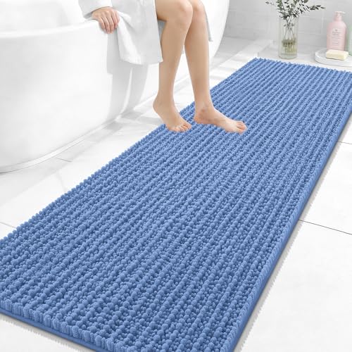 Image of OLANLY Long Bathroom Rugs Runner 70x24, Thick Soft and Absorbent Chenille Bath Mat, Non-Slip, Machine Washable Quick Dry Bath Rugs for Tub Shower Floor, Home Decor Accessories, Cornflower Blue
