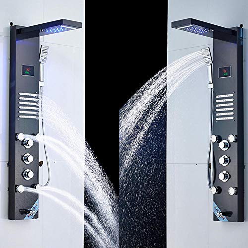 Panel de ducha negro con LED, pantalla digital de temperatura, cascada y lluvia, grifo de tres manetas miniatura 1