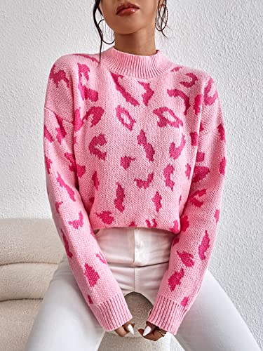 MakeMeChic Women's Leopard Pattern Mock Neck Drop Shoulder Long Sleeve Sweater Pullover Top3