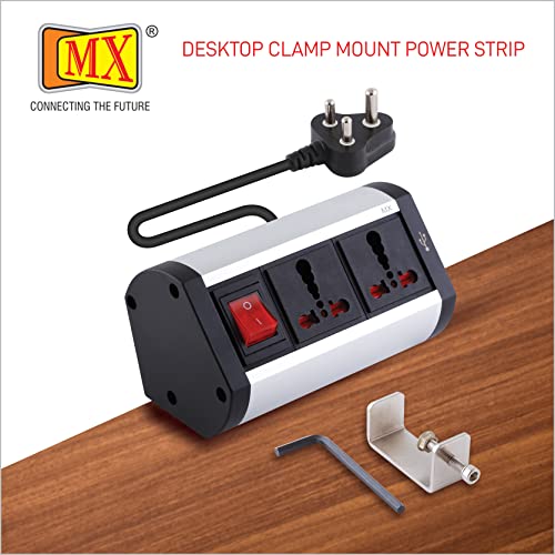 Image of MX Premium Power Console 16A - 6 Universal Sockets with 2 USB Charging Ports, Removable Desk Clamp Power Strip with Master Switch, 1.5m Cord, Overload Protection for Home & Office