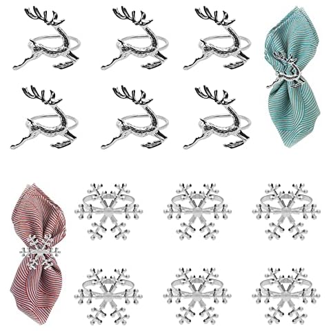 Neikafan 12 Pcs Christmas Snowflake Elk Deer Napkin Rings Set Modern Chic Buckle for Lunch Thanksgiving Party Holiday Xmas Wedding Dinner Table Decoration Ring Holder(Silver), 5.5*5.5 (Dofu072) Cover