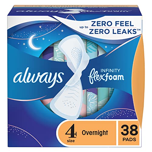 Always Infinity Feminine Pads for Women, Flexfoam Pads with Wings, Size 4, Overnight Absorbency, Unscented, 38 Count