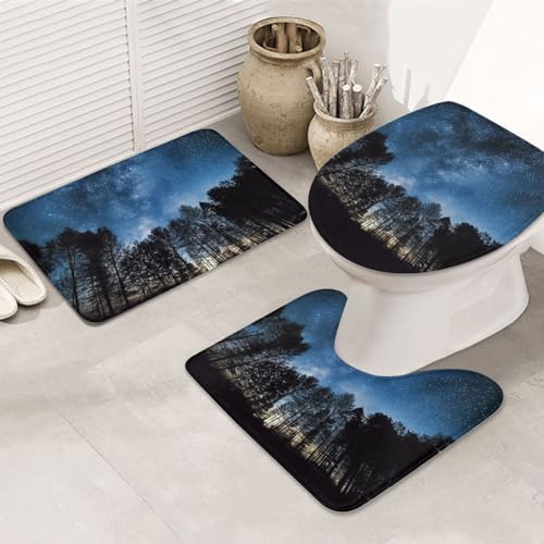 Dwrepo Night Sky Print Bathroom Rug Set 3 Piece with Non-Slip U-Shaped Contour Mat and Toilet Lid Cover for Bathroom Decoration