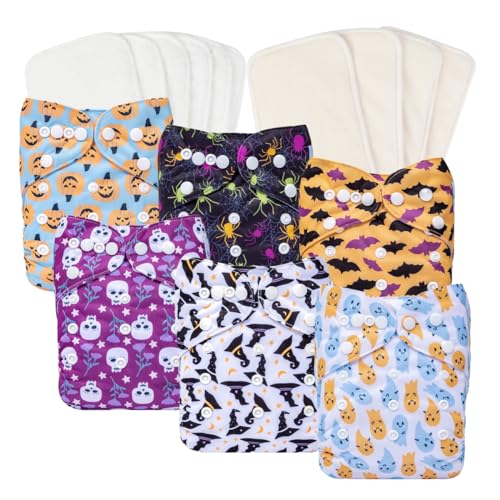 Image of Babygoal Halloween Cloth Diapers 6 Pack with 10 Inserts, Baby Reusable Adjustable Washable One Size Pocket Nappy Covers