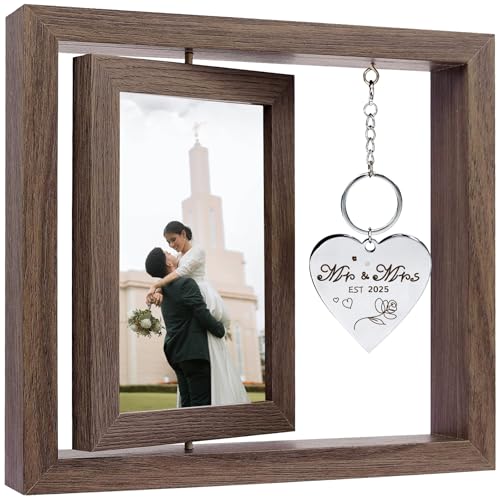 Wedding Gifts for Couples 2025,Rotating Floating Mr and Mrs Picture Frame,4x6 Rustic Picture Frame Engagement Gifts for Couples,Bridal Shower Gift for Bride to Be
