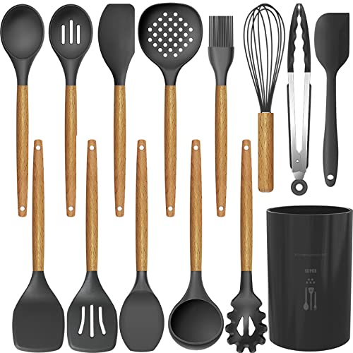 Silicone Cooking Utensils Kitchen Utensil Set - Heat Resistant Kitchen Utensils Spatula Set with Holder,Wooden Handle Silicone Kitchen Tools Gadgets for Non-Stick Cookware,BPA Free Grey