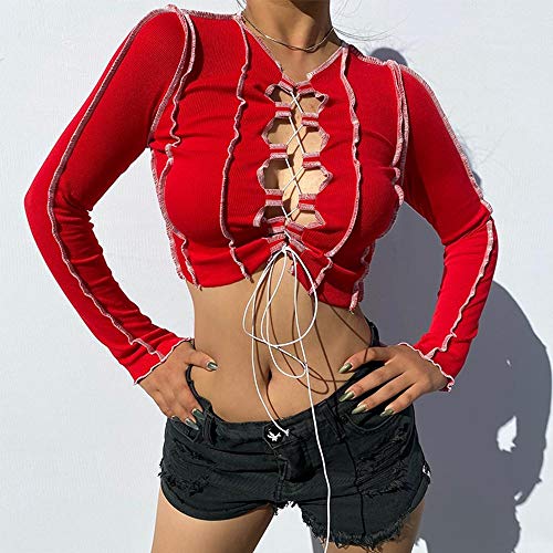 Maglietta da Donna Sexy Tagliata Maglietta A Maniche Lunghe da Donna con Lacci Estetici Grunge Streetwear Maglietta Magro Stile Punk-Rosso_S