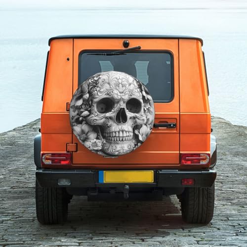 Image of Skull with Flowers Spare Tire Cover, Universal Wheel Tire Cover Funny Skull Skeleton Tire Protectors for Trailer RV SUV Truck Camper 17 Inch