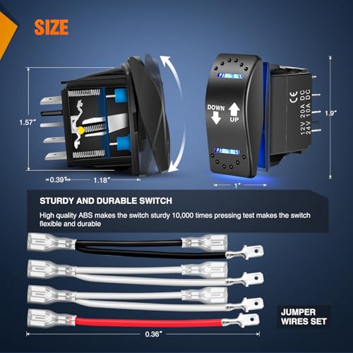 Image of Nilight Polarity Reverse Switch 20A 12V 7 Pin Momentary ON-Off-ON Rocker | DPDT blue LED toggle includes jumpers and adapter wires for linear actuators, hoists, and cranes