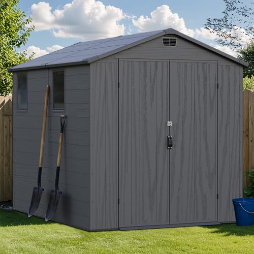 Image of Greesum 6x8FT Plastic Outdoor Storage Shed with Floor, Resin Sheds with Lockable Double Door, Tool Sheds with Window and Vents, for Backyard, Garden, Patio, Dark Gray