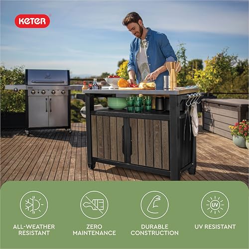 Image of Keter Unity XL Outdoor Entertainment Cart with Wood‑Look Finish, 78‑Gallon Patio Storage Cabinet, Food Prep Station, Stainless‑Steel Top for BBQ, Grill, Patio, Deck & Backyard, Walnut