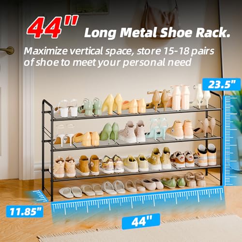 Image of 3 Tier Shoe Rack for Closet, 44 Inch Extra Long Shoe Storage Organizer for Shelves, Heavy Duty Metal, Easy Assembly, Black