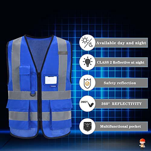 Image of Reflective Safety Vest with Mic Tabs, Black Front Zipper, Blue, L | Blue L safety vest with reinforced pockets, clear ID holder and mic tabs for electrical work and equipment maintenance.