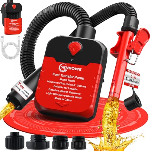 Automatic Fuel Transfer Pump with Auto-Stop 4.2 GPM per minute Battery or USB Powered Electric Gas Pump 51 Hose 4 Can Adapters Fast and Safe Portable Gas Can Pump for Oil (Red and black)