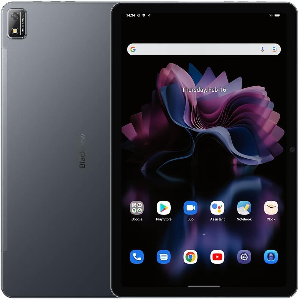Blackview Tab 16 11'' 2K Pantalla Android 12 Tablet, 14GB+256GB (1TB Externo) Widevine L1, 7680mAh Batería, Dual SIM 4G LTE+WiFi, 13MP+8MP Cámara, Quad Box Altavoz Estéreo, 3 Modos de Lectura, Gris