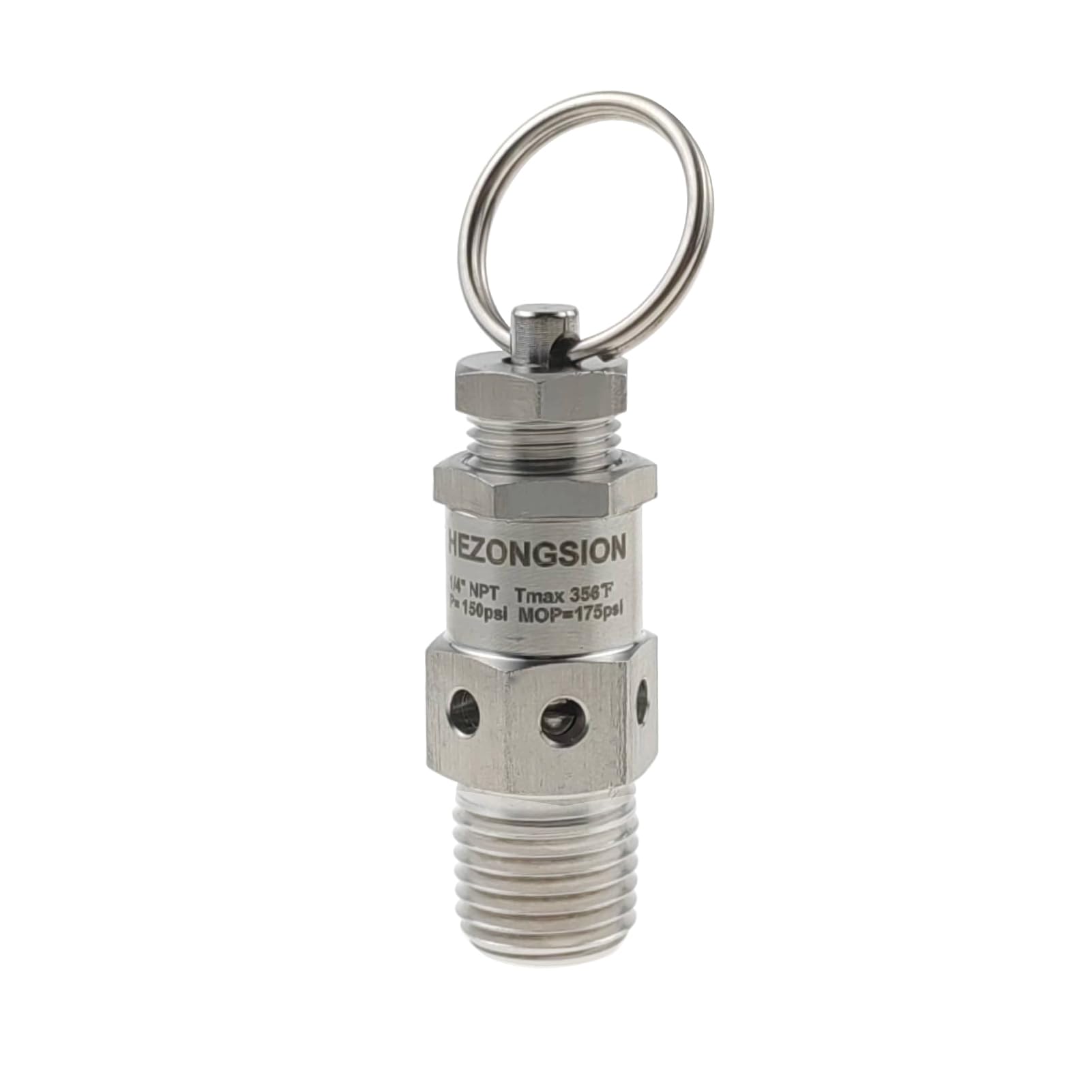 Válvula de seguridad de alivio de presión ajustable SS304 de 1/4 pulgadas NPT macho de acero inoxidable con bloqueo, presión de ajuste de 150 psi, rango de presión ajustable de 115 a 175