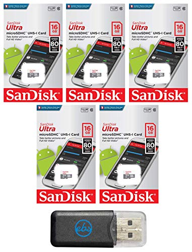SanDisk Micro SDHC Ultra (5 Pack) MicroSD TF Flash Memory Card 16GB 16G Class 10 SDSQUNB-016G Bundle with Everything But Stromboli Memory Card Reader SanDisk Micro SDHC Ultra (5 Pack) MicroSD TF Flash Memory Card 16GB 16G Class 10 SDSQUNB-016G Bundle with Everything But Stromboli Memory Card Reader
