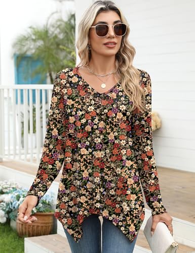 Rapbin Long Sleeve Womens Tops V Neck Casual Tunic Tops Basic Pleated Flowy Asymmetrical Hem Shirts Loose Fit 2025 M-3XL2