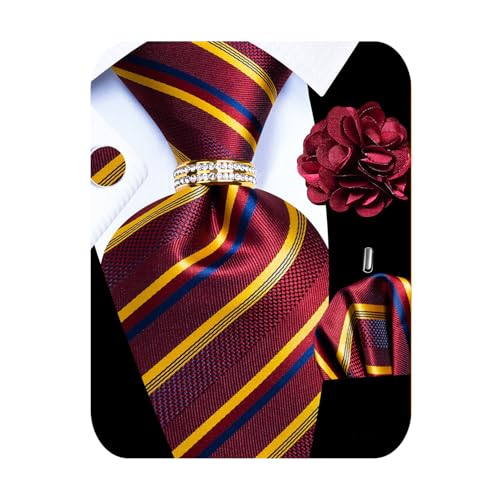 Image of 5PCS Mens Silk Designer Tie, Pocket Square, Cufflinks, Drilled Tie Ring and Lapel Pin Set for Wedding Groom Party