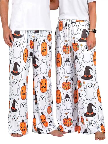 RMCMS Couples Cute Halloween Ghost Pumpkin Print Pajama Pants Sleep Lounge Pjs Bottoms with Pockets