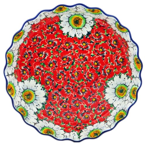 Authentic Polish Pottery Fluted Pie Dish Signature UNIKAT in Sweet Red Petals Design Handmade in Boles?awiec Poland by Ceramika Artystyczna + Certificate of Authenticity