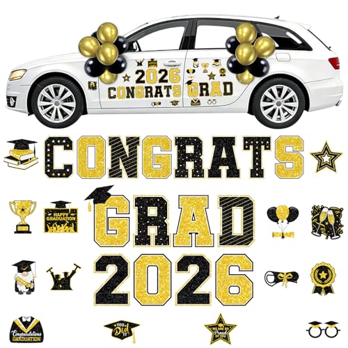 Lovarywow Graduation Car Magnets 2026 46PCS Black Gold Graduation Car Decorations 2026 with Balloons Congrats Grad Car Magnets and Decals Decor Supplies for Grad Parade Party