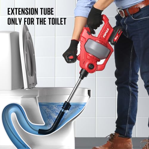 POPULO 20V Cordless Electric Drain Snake, 25Ft Replaceable Cable with 2.0Ah Battery, Extension Tube & Charger, Snake Drain Clog Remover Tool for Toilet, Floor Drain, Sink and Shower 3/4"-2" Pipe