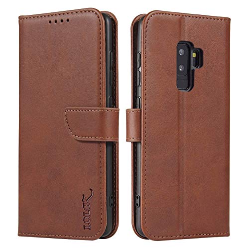 Protection Samsung S9 Plus LOLFZ étui portefeuille cuir marron avec fentes pour cartes