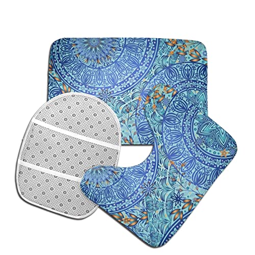 MBNGGAB Badematte + Konturmatte + Toilettendeckelbezug, Retro Blau Blumen 3 Stück Badematte Set, mit rutschfester Klebeunterseite – Bild 5