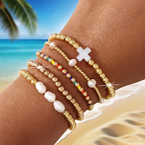 Gold Beaded Bracelets for Women, Boho Stretch Gold Seed Beads Pearl 5PCS 14K Gold Ball Bracelet Stack Christian Cross Jewelry Set Stackable Trendy Summer Friendship Birthday Gift2