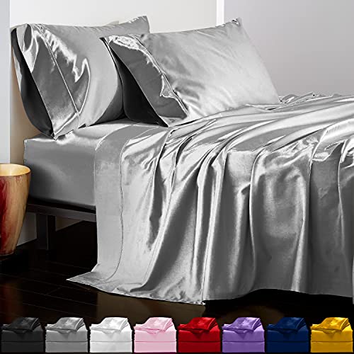 Satin Sheets Full Size Bed (4 Pieces, 8 Colors), Silky Satin Sheet Set -Satin Bed Set with 2 Pillowcase, Satin Fitted Sheet - Grey Satin Sheets, Satin Bed Sheets Full, Satin Bedding Set