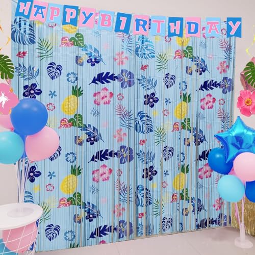 Image of Hawaiian Element Pattern Birthday Party Supplies 3 Pack Foil Fringe Curtains Tinsel Animation Themed Photo Backdrop Streamers Cartoon Birthday Party Decorations