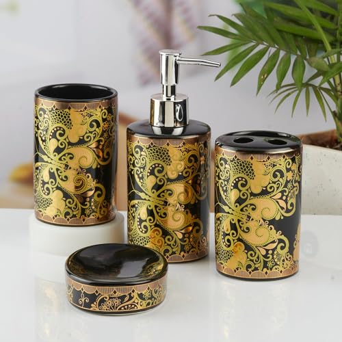 Image of SaSaSa Ceramic Bathroom Accessories Set of 4 Modern Bath Set with Soap Dispenser & Toothbrush Holder, Luxury Home & Gift Idea, Black /Gold (10460)