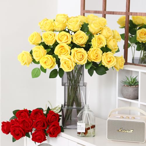 JUSTOYOU 20 PCS Yellow Rose Artificial Flower,Silk Blooming Rose with Stem,Artificial Rose Bouquet Realistic Flower for Home Table Office Party Wedding Garden Arrangements (yellow rose) - Image 4